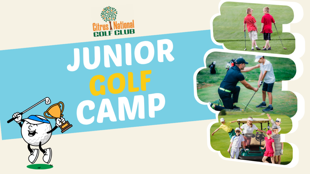 junior golf camp, kids golfing, golf ball jumping up with club and trophy