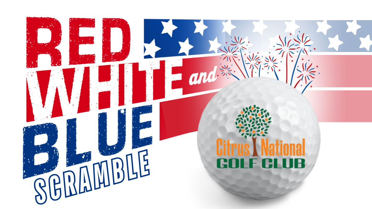 red,white & blue, flag, golf ball with citrus national logo on it