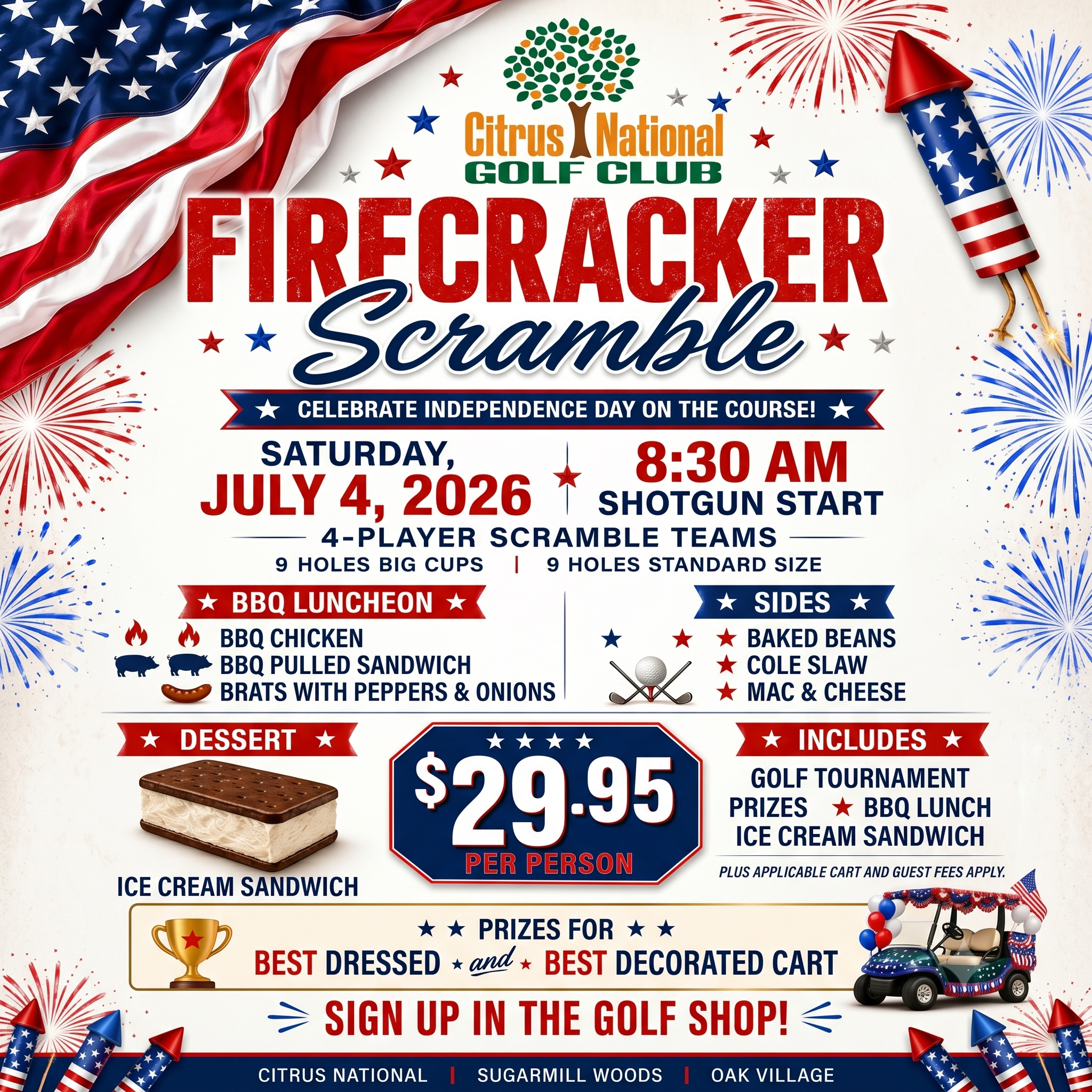 american flag, fireworks, firecracker scramble, citrus national logo